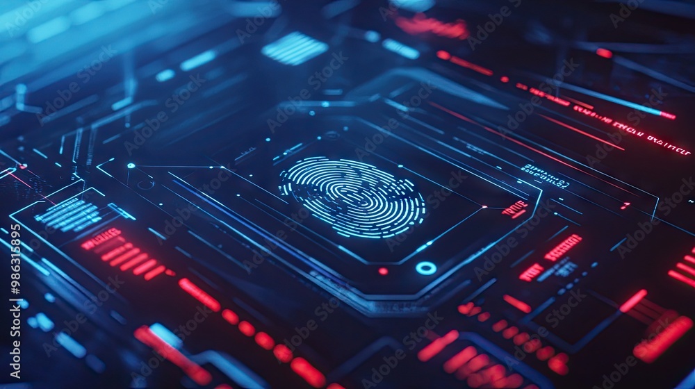 Poster a futuristic hologram with a secure digital lock and fingerprint scan, representing personal informa