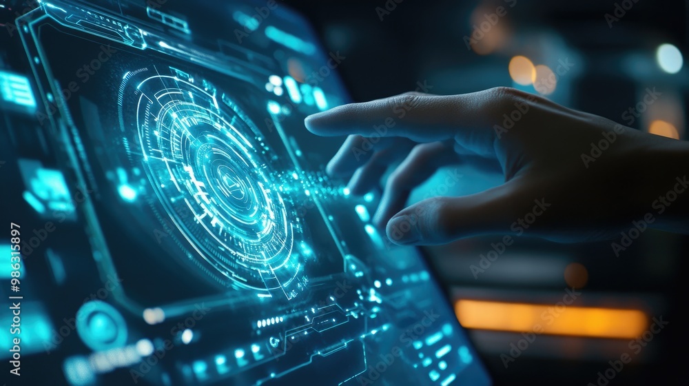 Poster a futuristic scene of a hand hovering over a virtual banking interface, highlighting digital financi