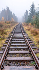 Fototapeta premium The train tracks are covered in leaves and dirt, and the train is not in sight. The image has a moody and somewhat eerie feeling, as if something is missing or out of place
