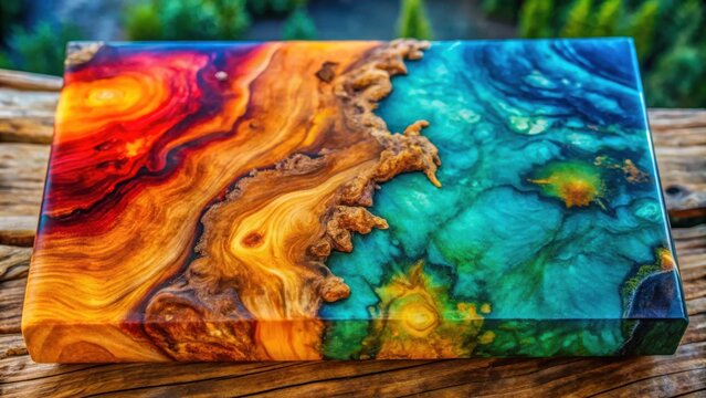 Bold and vibrant abstract art texture created by casting epoxy resin on stabilized leza burl wood