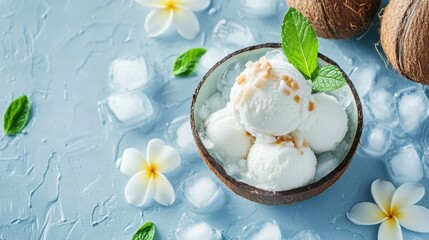 Coconut ice cream in bowl with ice