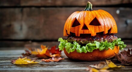 A creative Halloween-inspired pumpkin burger with spooky decoration and autumn leaves