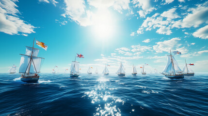 Obraz premium World Maritime Day celebration photorealistic vivid scene of ships sailing on the ocean deep blue waters and bright sky waving nautical flags calm but festive atmosphere softly crashing waves