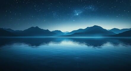 Serene night over the calm lake reflecting a starry sky and distant mountain silhouettes