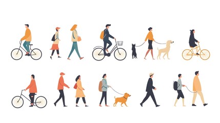 Vector illustration of people in different poses, riding bicycles and walking dogs on a white background, with a flat design, minimalist style, simple shapes, and a vector art style.