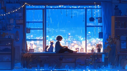 A serene scene of a young Asian male sitting by a window with a cat during a rainy night.