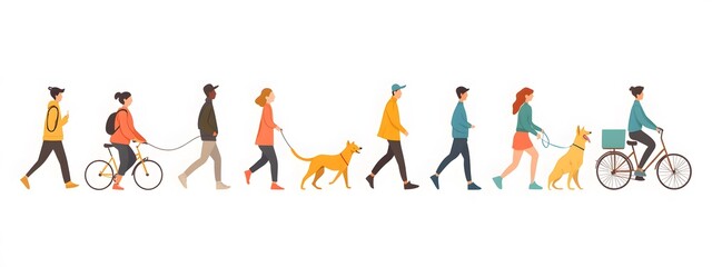 Vector illustration of people in different poses, riding bicycles and walking dogs on a white background, with a flat design, minimalist style, simple shapes, and a vector art style.