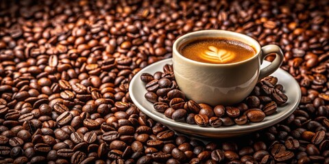 Fototapeta premium Close-up of a warm cup of coffee surrounded by aromatic coffee grains