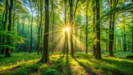 Obraz premium Vibrant summer forest with sun shining through green trees