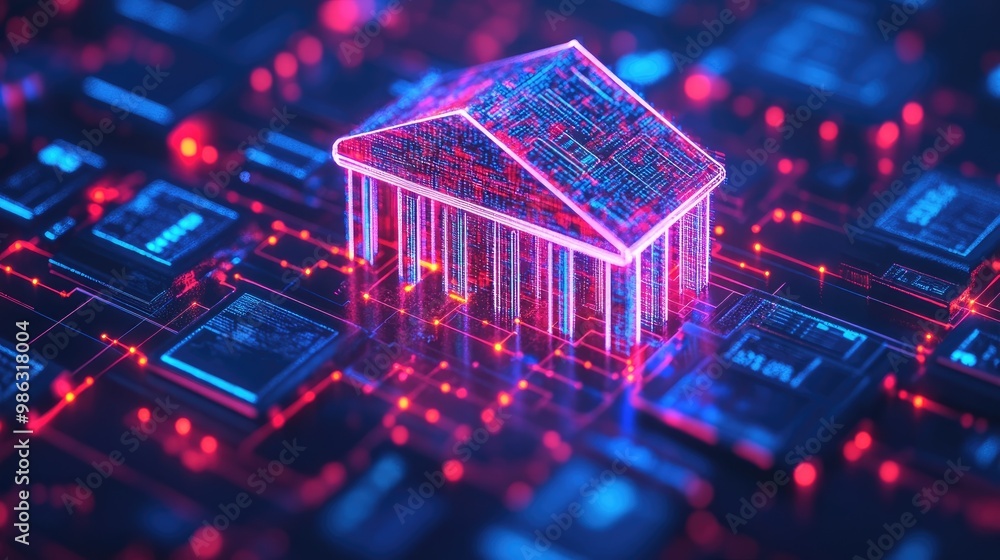 Aufkleber a glowing digital bank symbol in a connected virtual network, representing the seamless exchange of 