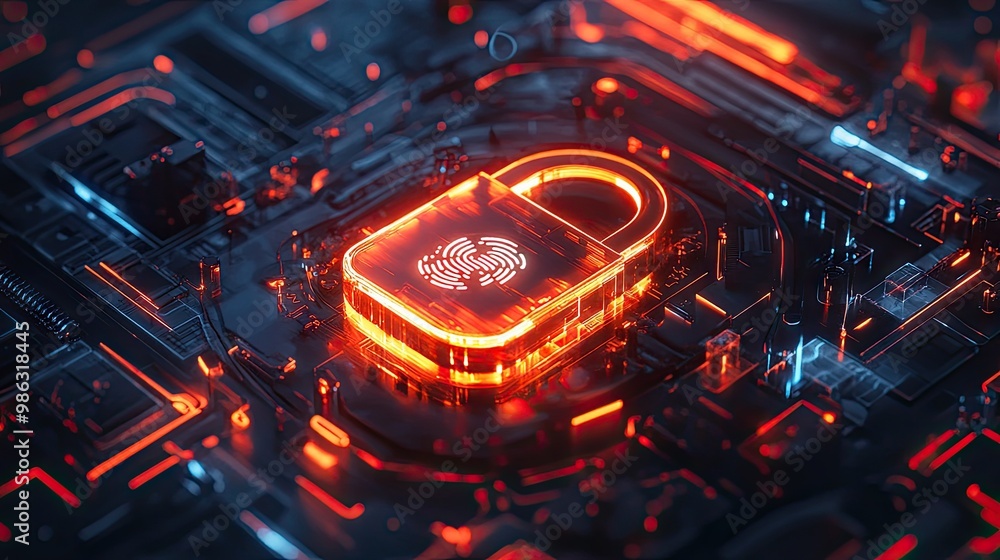 Aufkleber a glowing digital padlock on a high-tech interface, with a fingerprint scanner, showcasing personal 
