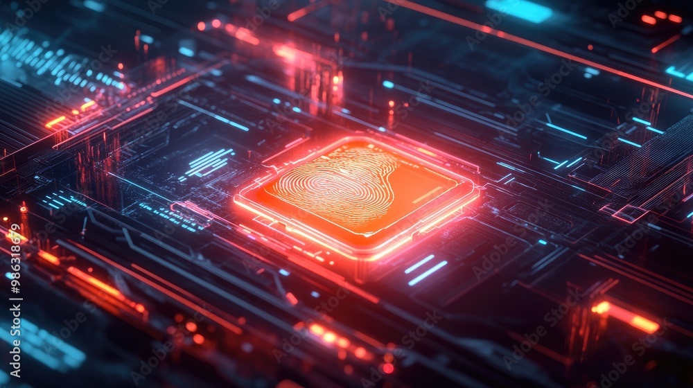 Poster a glowing digital padlock on a high-tech interface, with a fingerprint scanner, showcasing personal 