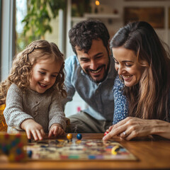 Fototapeta premium child daughter family happy mother father board game palying playing fun together girl cheerful home