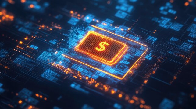 A glowing digital wallet icon in a virtual data network, illustrating the secure exchange of money and personal financial information in the cloud. - Powered by Adobe