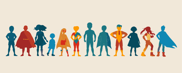 Fototapeta premium Superheroes children for World Children's Day concept. Colorful silhouettes over plain white background