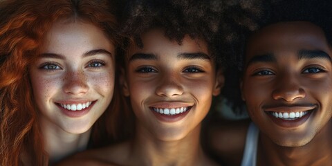 Fototapeta premium Three cheerful friends with bright smiles pose closely together. The image captures a warm and joyful moment reflecting friendship and happiness. It has a natural and candid style. AI