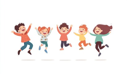 Fototapeta premium Group of children jumping and laughing together on a white background. Simple style illustration. Cute and dreamy colorful cartoon characters with happy expressions. Vector file has clean lines 