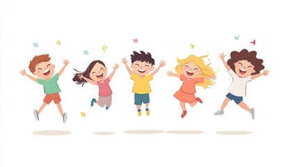 Group of children jumping and laughing together on a white background. Simple style illustration. Cute and dreamy colorful cartoon characters with happy expressions. Vector file has clean lines 