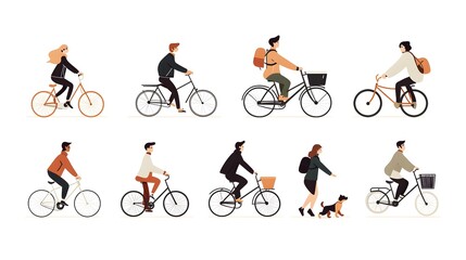 Obraz premium Vector illustration of people in different poses, riding bicycles and walking dogs on a white background, with a flat design, minimalist style, simple shapes, and a vector art style.