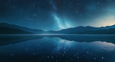 Fototapeta premium Serene night over the calm lake reflecting a starry sky and distant mountain silhouettes