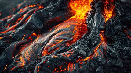 Flowing rivers of fiery lava. Volcanic eruption background.
