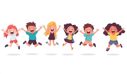 Group of children jumping and laughing together on a white background. Simple style illustration. Cute and dreamy colorful cartoon characters with happy expressions. Vector file has clean lines 