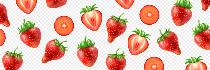 Flying realistic fresh strawberry on transparent background. Berry slices, whole and piece in falling different position falling.
