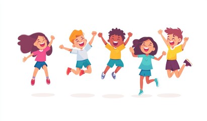 Group of children jumping and laughing together on a white background. Simple style illustration. Cute and dreamy colorful cartoon characters with happy expressions. Vector file has clean lines 