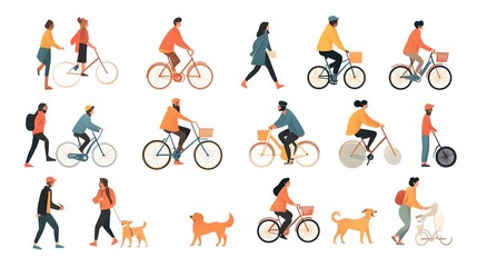 Vector illustration of people in different poses, riding bicycles and walking dogs on a white background, with a flat design, minimalist style, simple shapes, and a vector art style.