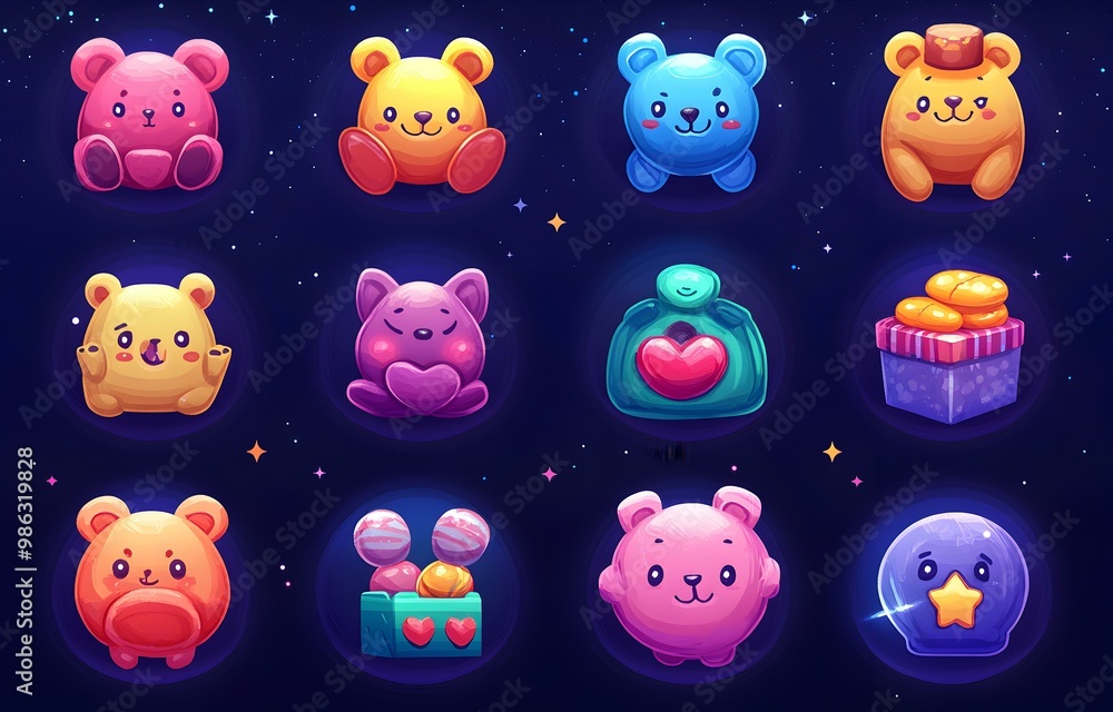 Poster colorful cartoon-style game character icons, showcasing a diverse array of unique and playful design