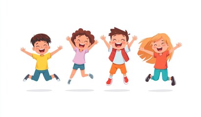 Fototapeta premium Group of children jumping and laughing together on a white background. Simple style illustration. Cute and dreamy colorful cartoon characters with happy expressions. Vector file has clean lines 