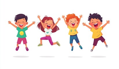 Fototapeta premium Group of children jumping and laughing together on a white background. Simple style illustration. Cute and dreamy colorful cartoon characters with happy expressions. Vector file has clean lines 