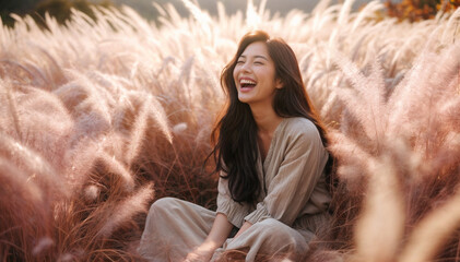 Image of young woman in the fall fields with pink muhly grass in bloom