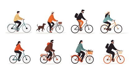 Vector illustration of people in different poses, riding bicycles and walking dogs on a white background, with a flat design, minimalist style, simple shapes, and a vector art style.