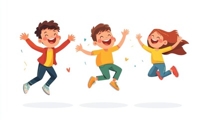 Group of children jumping and laughing together on a white background. Simple style illustration. Cute and dreamy colorful cartoon characters with happy expressions. Vector file has clean lines 