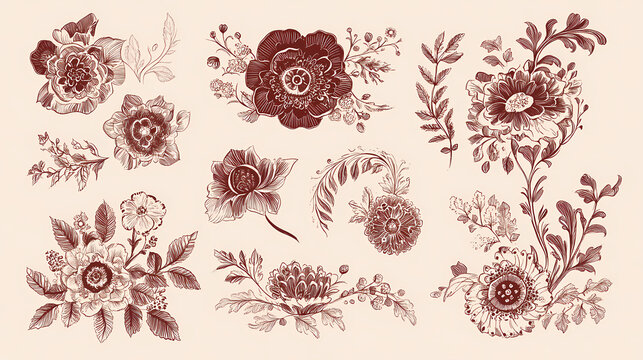 A collection of vintage-inspired floral designs, intricately detailed for use in invitations, stationary, or fabric patterns. Henna Design. Illustration