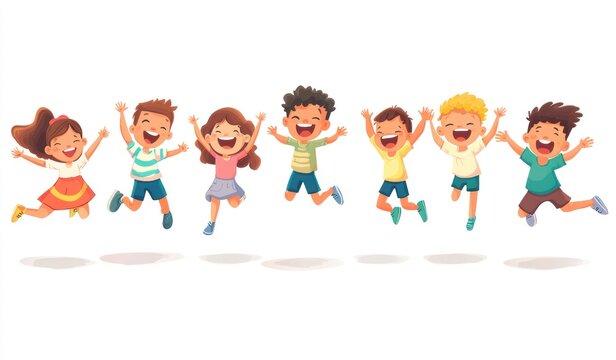 Group of children jumping and laughing together on a white background. Simple style illustration. Cute and dreamy colorful cartoon characters with happy expressions. Vector file has clean lines 
