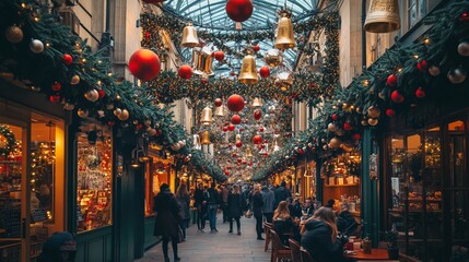 London, UK - Nov 8 2023: Covent Garden Market with Christmas decorations. Large bells and baubles hang from the roof. People are shopping and sitting in a cafe