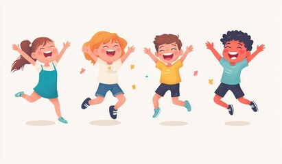Group of children jumping and laughing together on a white background. Simple style illustration. Cute and dreamy colorful cartoon characters with happy expressions. Vector file has clean lines 