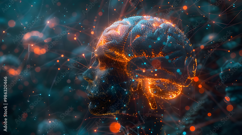 Poster a glowing human head with a brain made of interconnected dots, representing neural networks