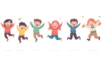 Group of children jumping and laughing together on a white background. Simple style illustration. Cute and dreamy colorful cartoon characters with happy expressions. Vector file has clean lines 