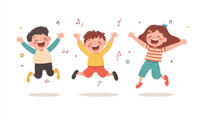 Group of children jumping and laughing together on a white background. Simple style illustration. Cute and dreamy colorful cartoon characters with happy expressions. Vector file has clean lines 
