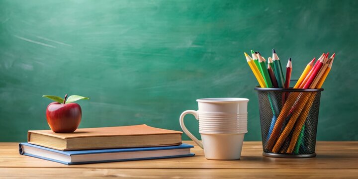 Back to school concept with a coffee cup, textbooks, and school supplies on a desk