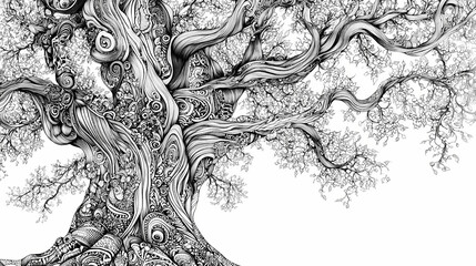 A detailed black and white drawing of a majestic tree, showcasing intricate zentangle patterns and artistic flair. Zentangle. Illustration