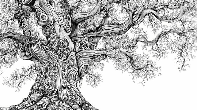 A detailed black and white drawing of a majestic tree, showcasing intricate zentangle patterns and artistic flair. Zentangle. Illustration
