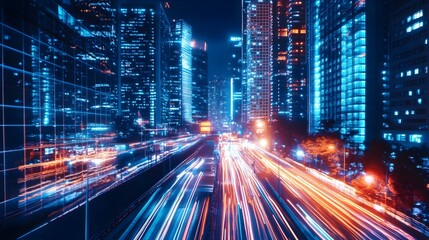 City lights illuminating vibrant nightscape with light trails image
