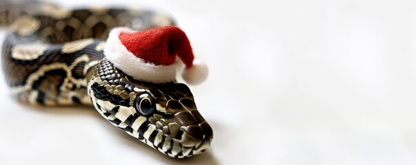 python in santa hat on white background. place for congratulations, advertising