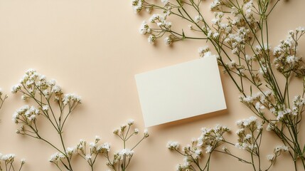 Elegant floral arrangement with empty card on soft pink background for creative messaging