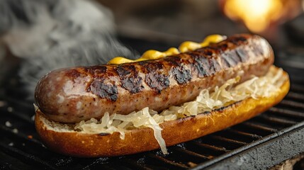 A hot and juicy grilled bratwurst on a bun, with mustard and sauerkraut, steam rising from the sausage.
