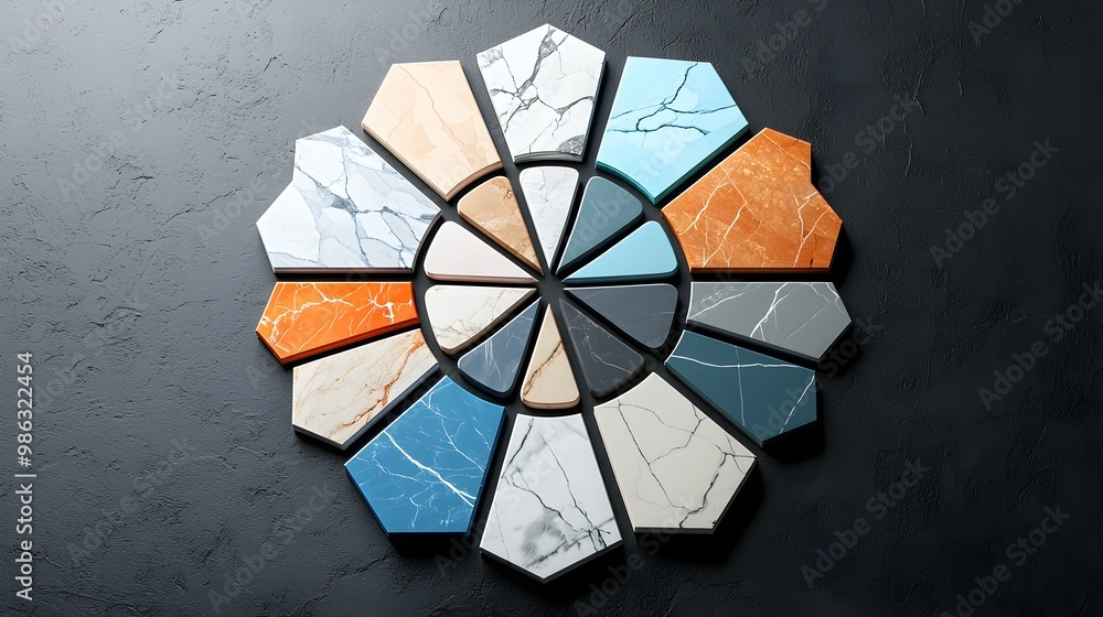 Poster elegant marble countertop samples in various colors and patterns, showcasing a blend of textures and